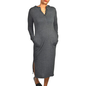 Noctex Henley Sweater Dress Grey Charcoal Wool Midi Hooded Pockets Side Slits XS